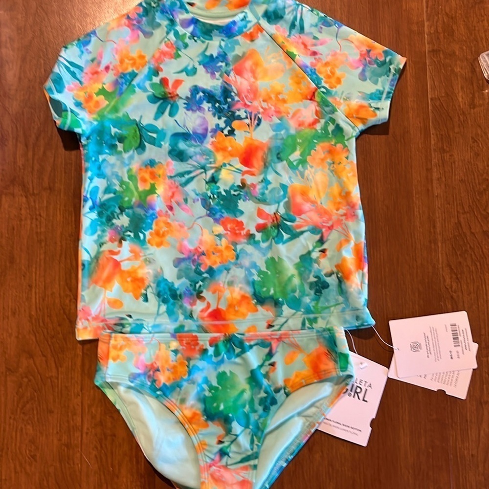 Athleta Girl two piece Lumen Floral Mock Rashguard Sz Med/10 & Bottoms Sz L/12.